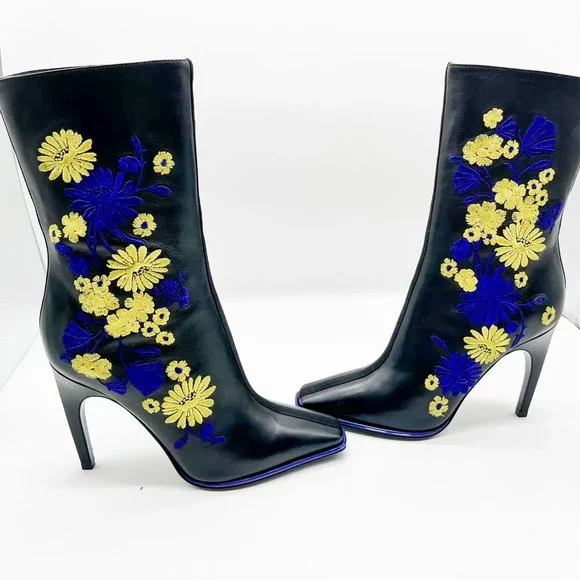 Versace Black Leather Floral Embroidery Boots/Booties - Picture 4 of 4